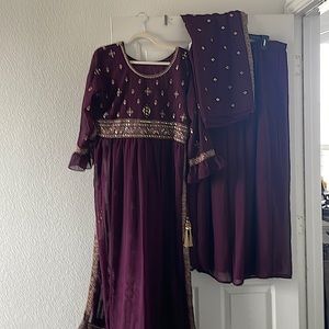 Beautiful 3 piece Indian outfit Eggplant color with Gold embroidered. Brand New
